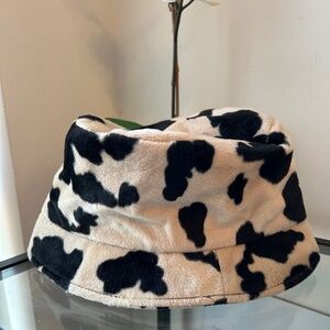 Ben Berger Luxury Collection Cream and Black Cow Print Faux Fur Bucket Hat
